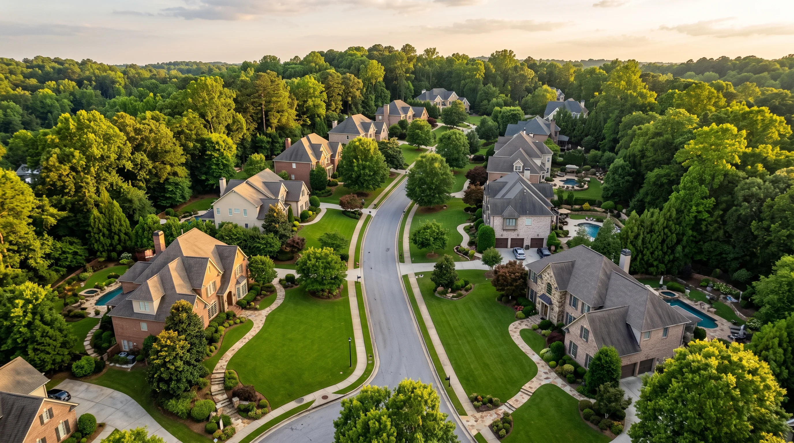 An aerial view of an established Atlanta neighborhood with manicured lawns and mature tree canopy at golden hour