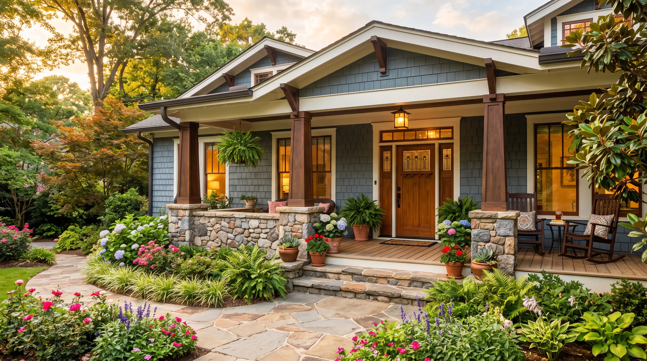 A welcoming craftsman front porch with lush Atlanta landscaping at golden hour