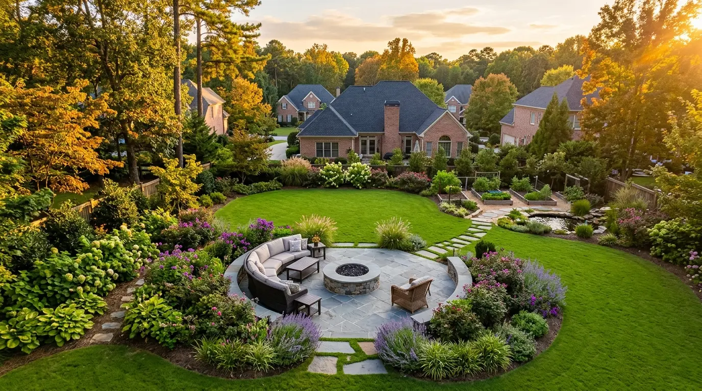 Aerial view of a layered Atlanta backyard landscape at golden hour with a flagstone patio and fire pit