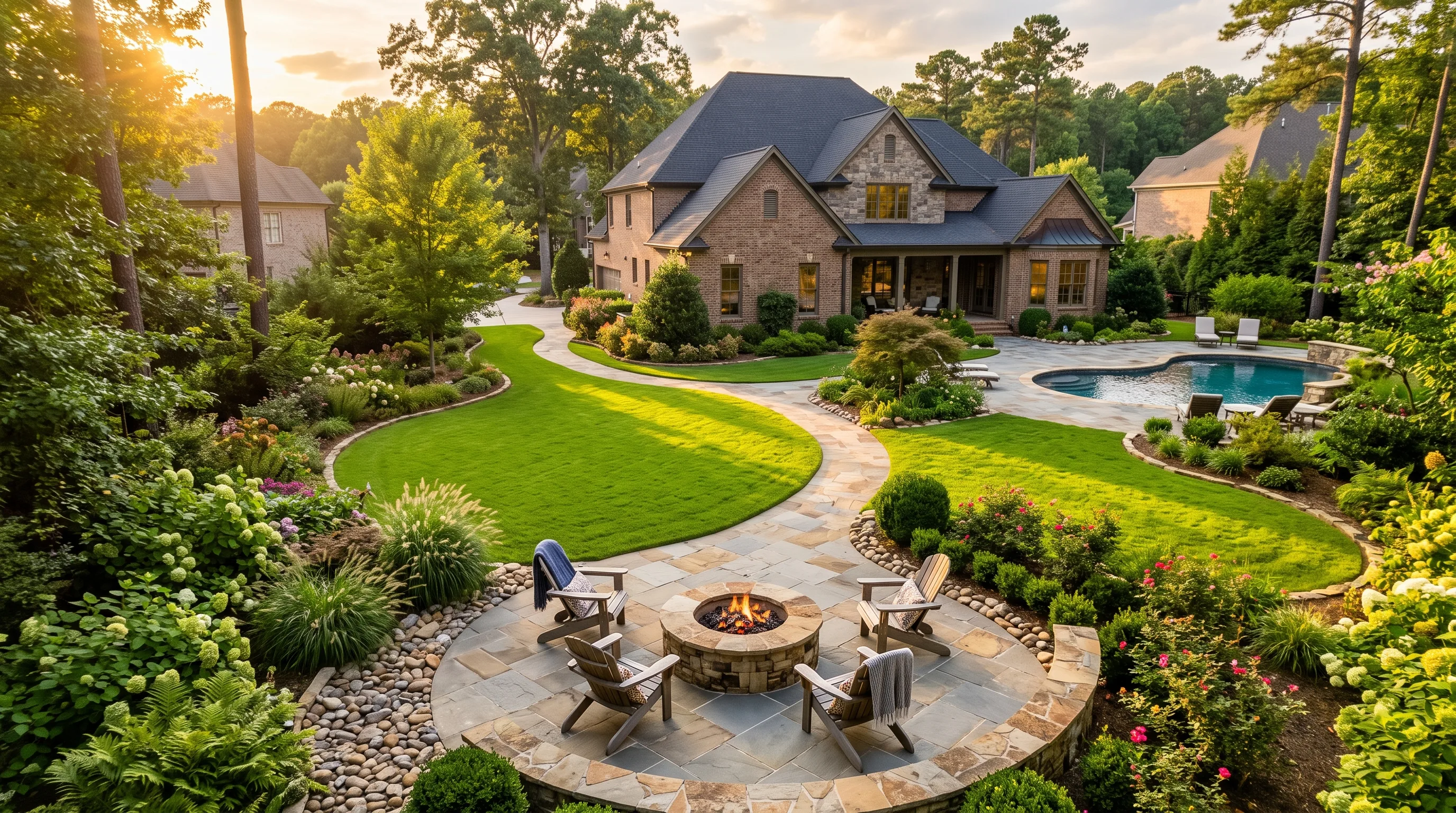 Aerial view of a layered Atlanta backyard landscape at golden hour with a flagstone patio and fire pit