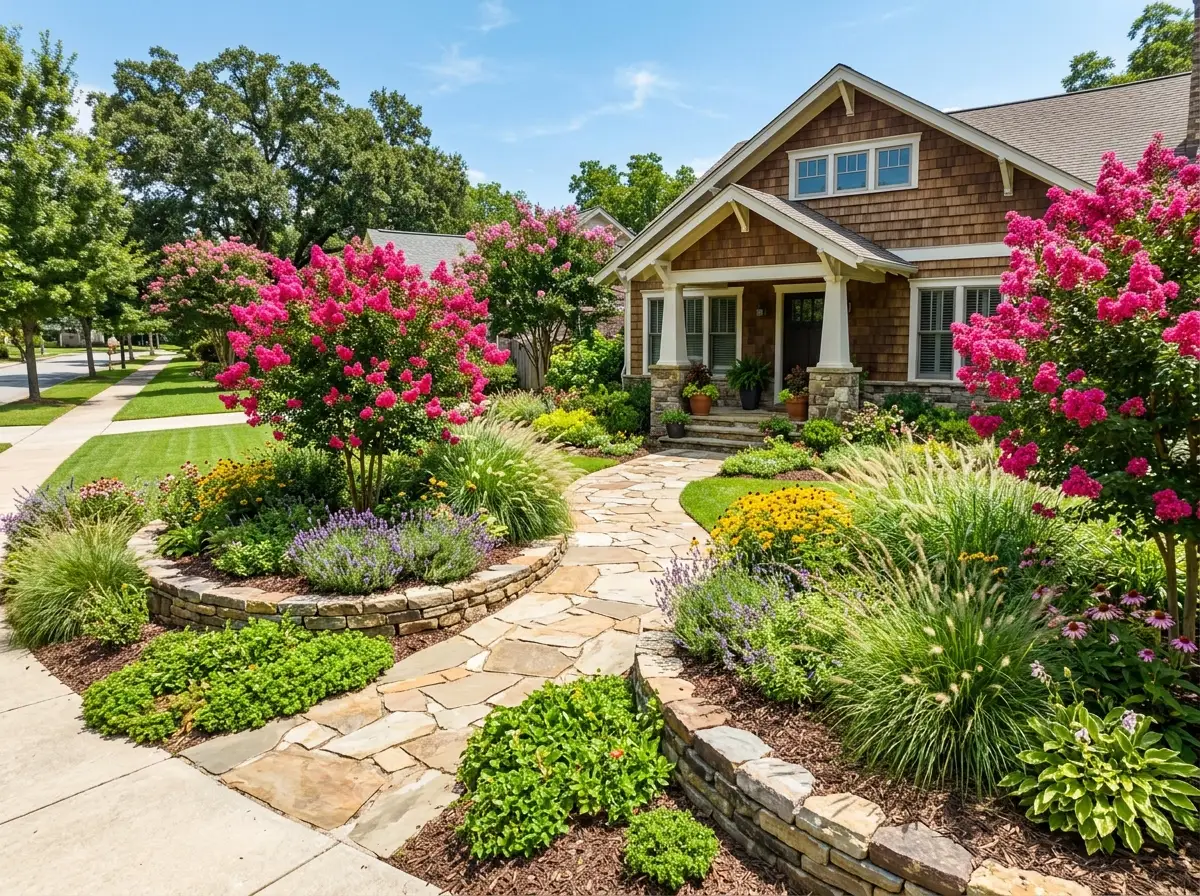 A layered Atlanta front-yard landscape design with stone borders and planting