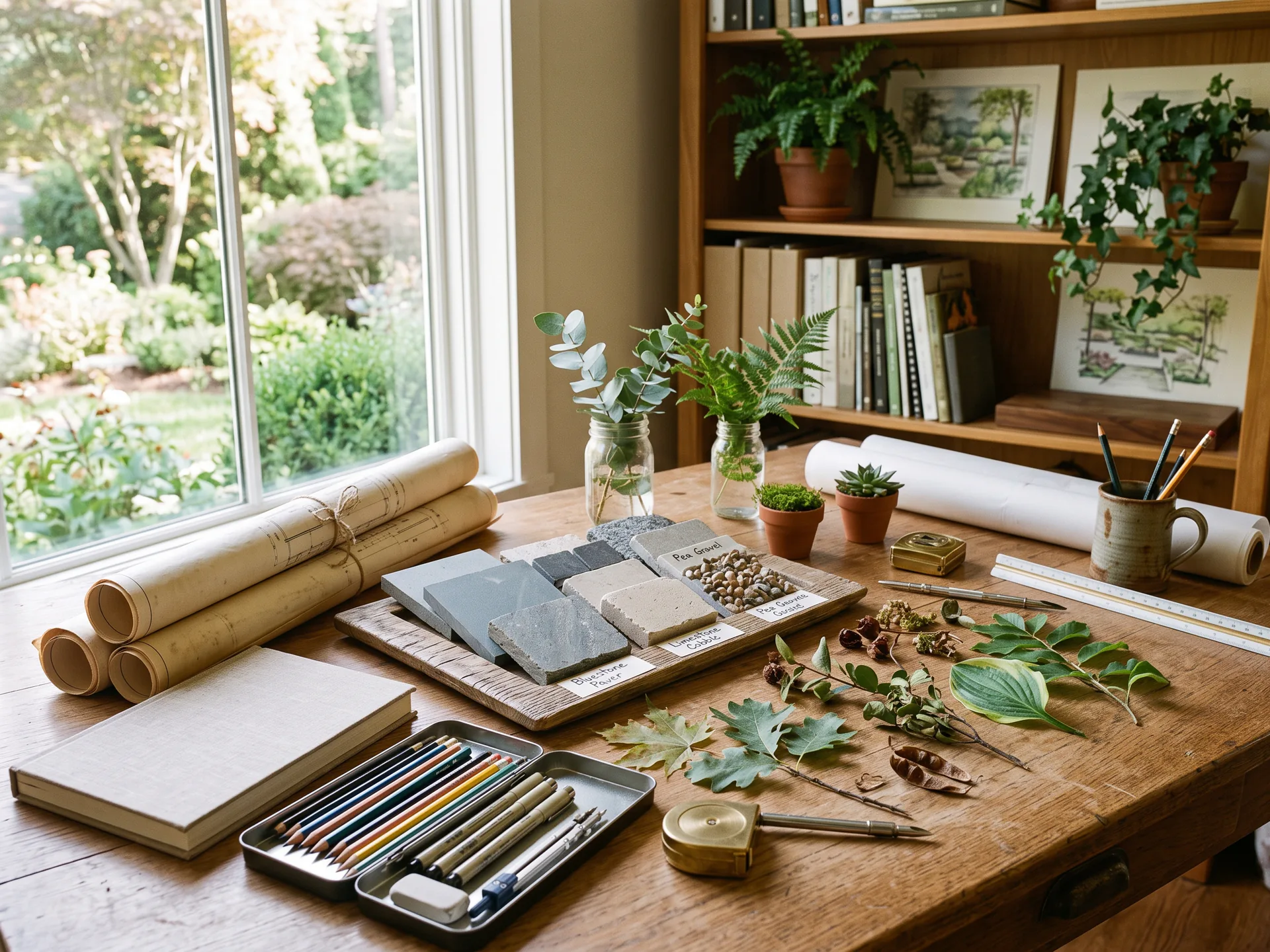 A landscape designer's desk with rolled blueprints, plant samples, and stone swatches in natural light