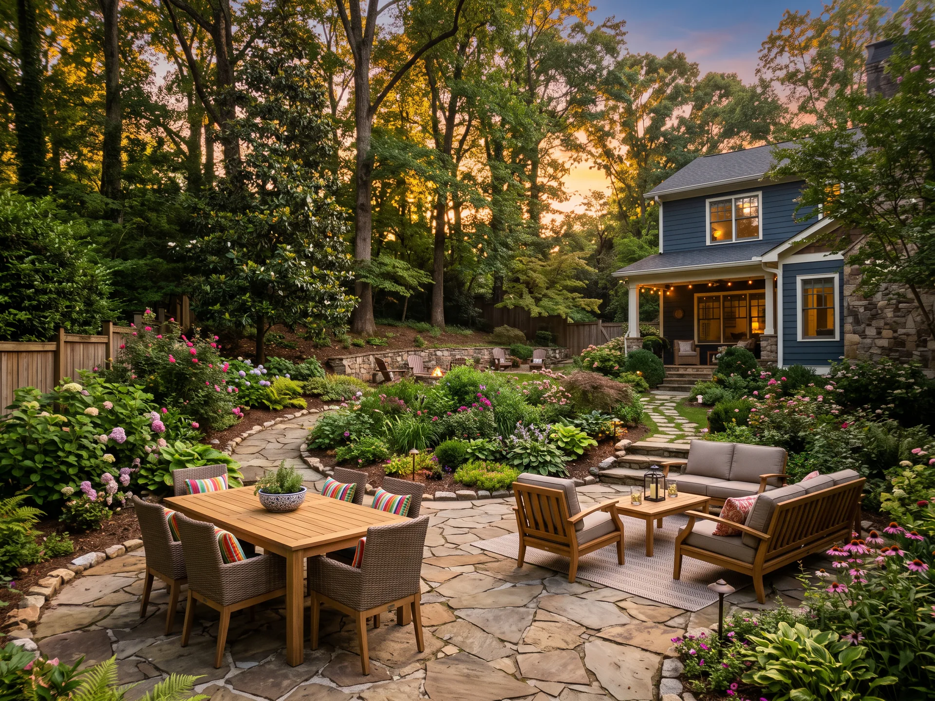 A maintained Atlanta backyard at sunset with a stone patio and layered garden beds