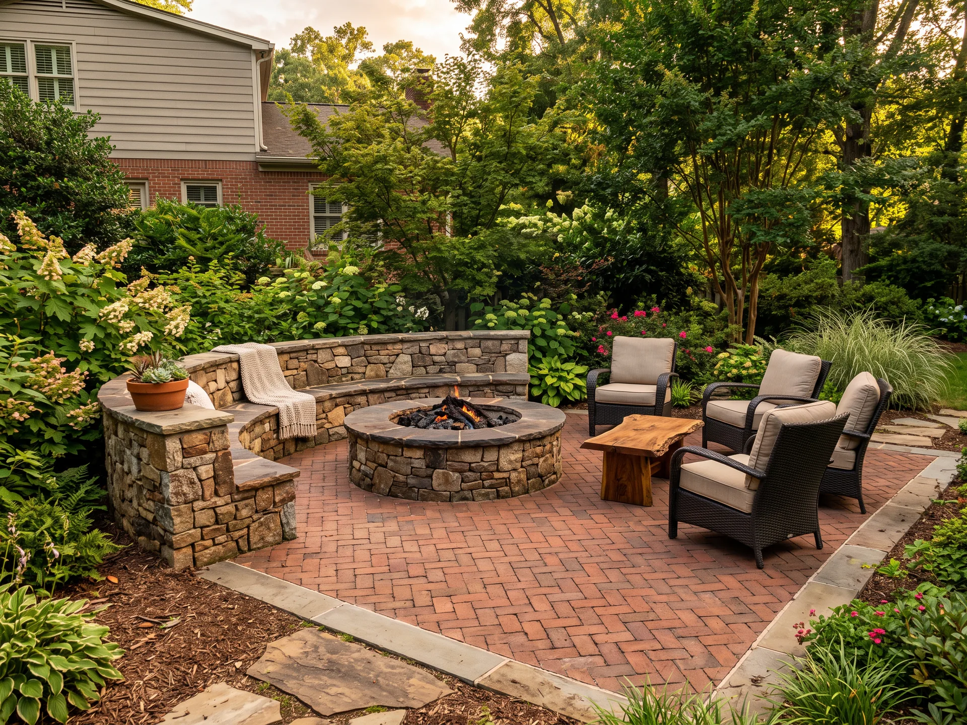 A finished paver patio with a seating wall set into mature Atlanta landscaping