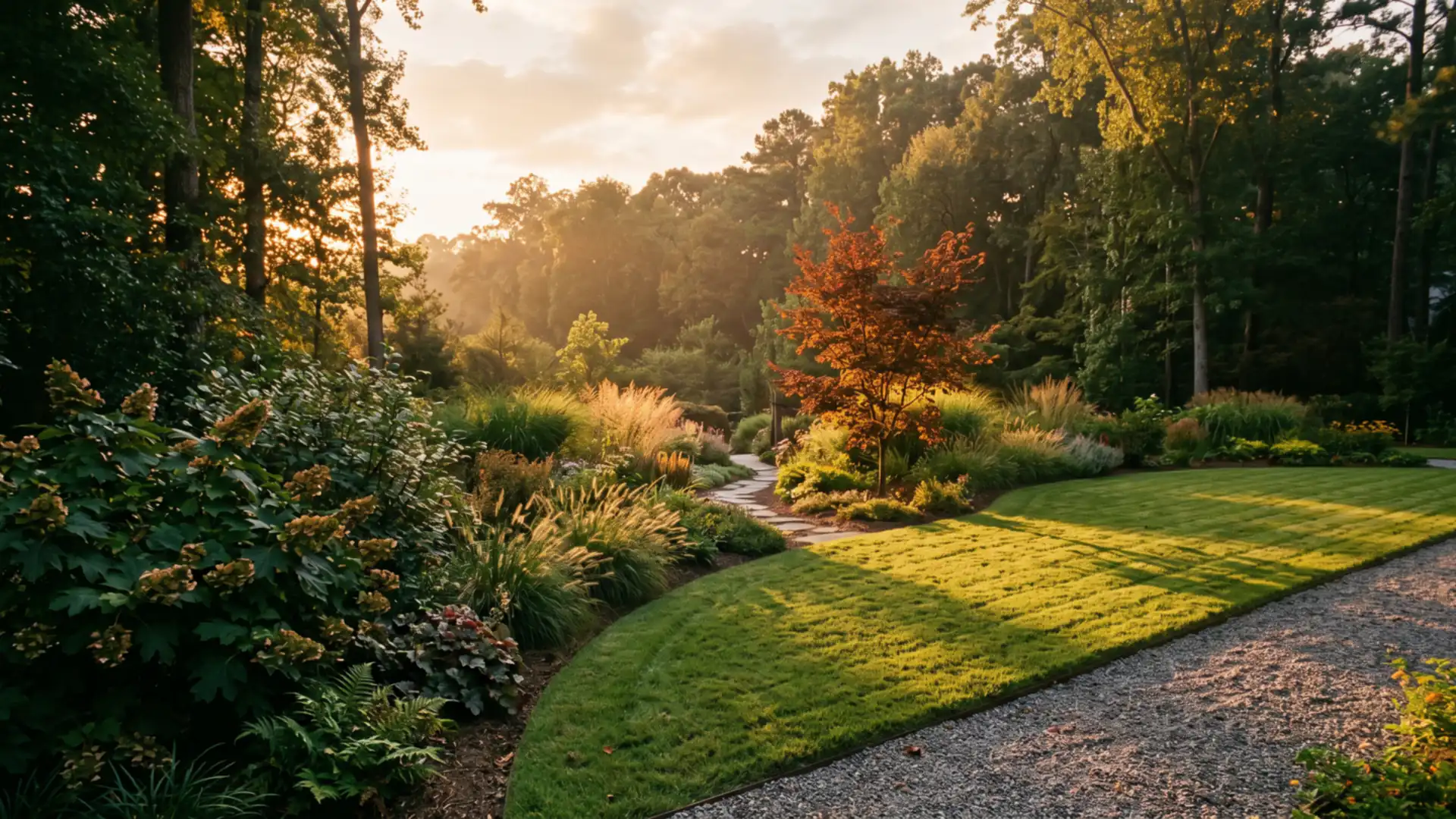 Sample design concept: a layered residential garden in the Atlanta metro at golden hour
