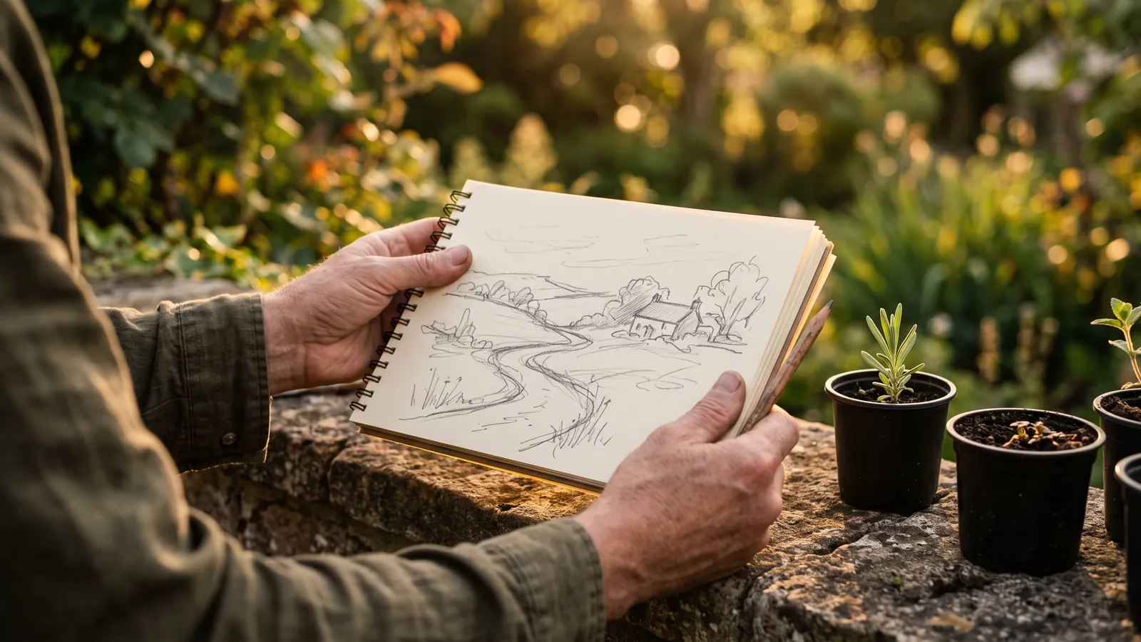Hands holding a sketchbook with an early landscape sketch during a site walk