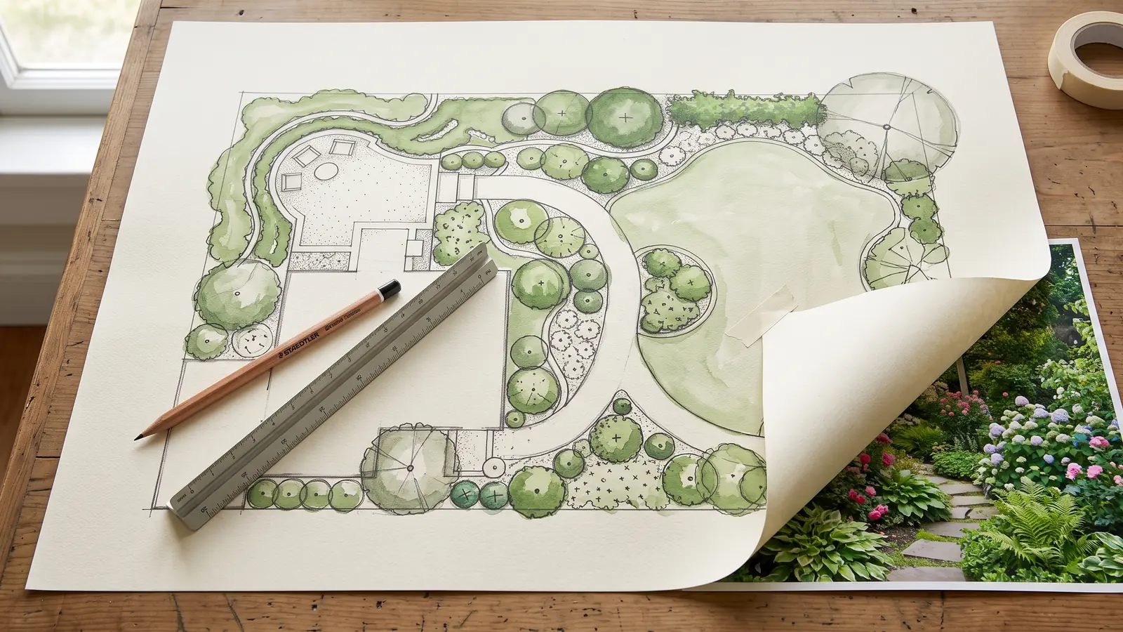 Sample landscape design concept drawn to scale, with a photograph of planting underneath