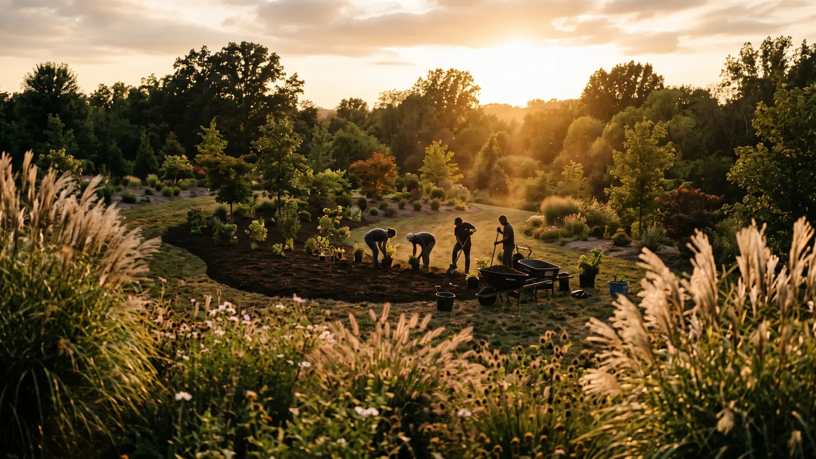 A landscape crew setting plants into prepared beds at golden hour
