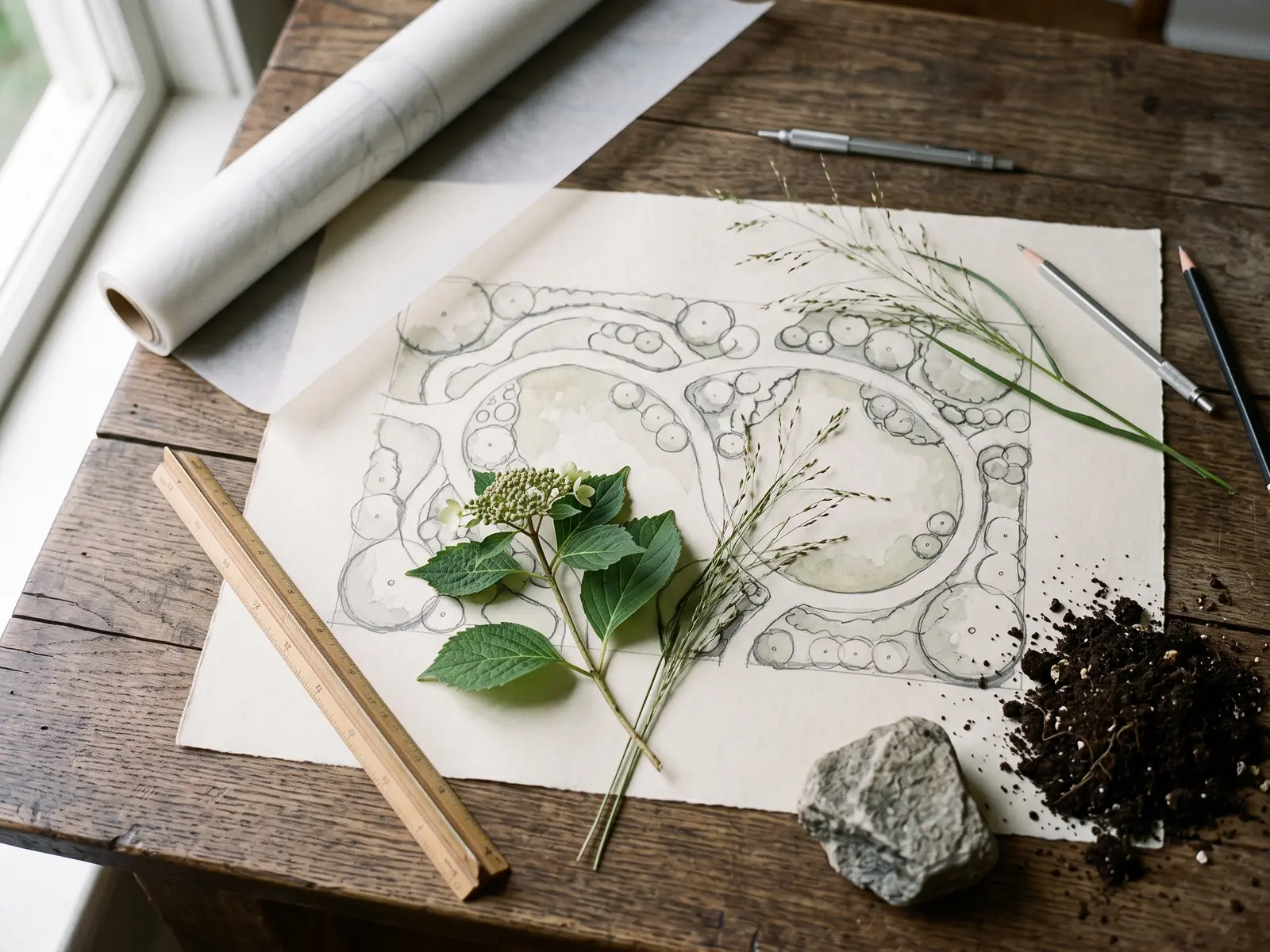 Sample design concept in progress: a hand-drawn planting plan with leaf cuttings and a soil sample