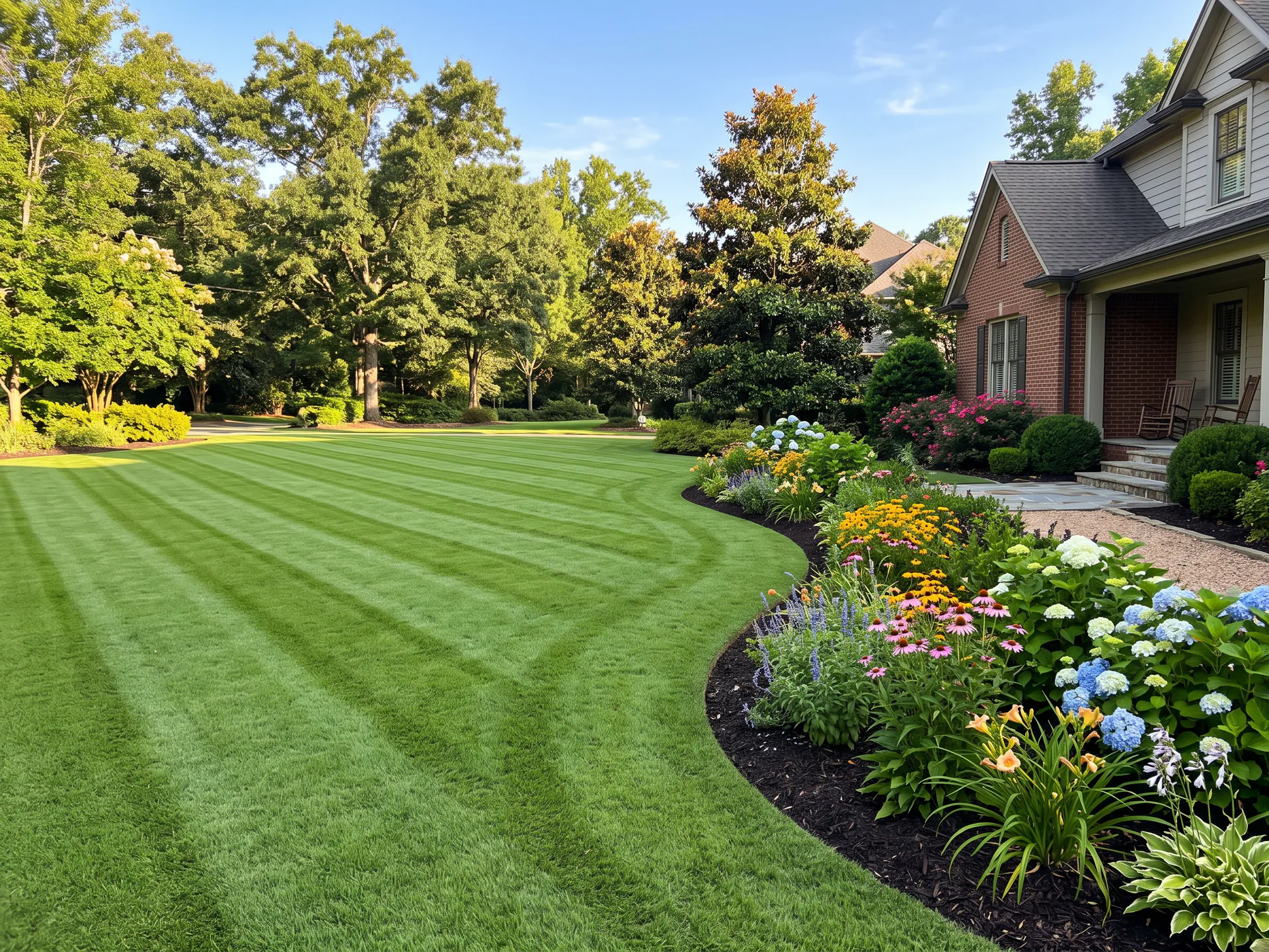 A striped, freshly maintained Atlanta lawn edged along a curved planting bed